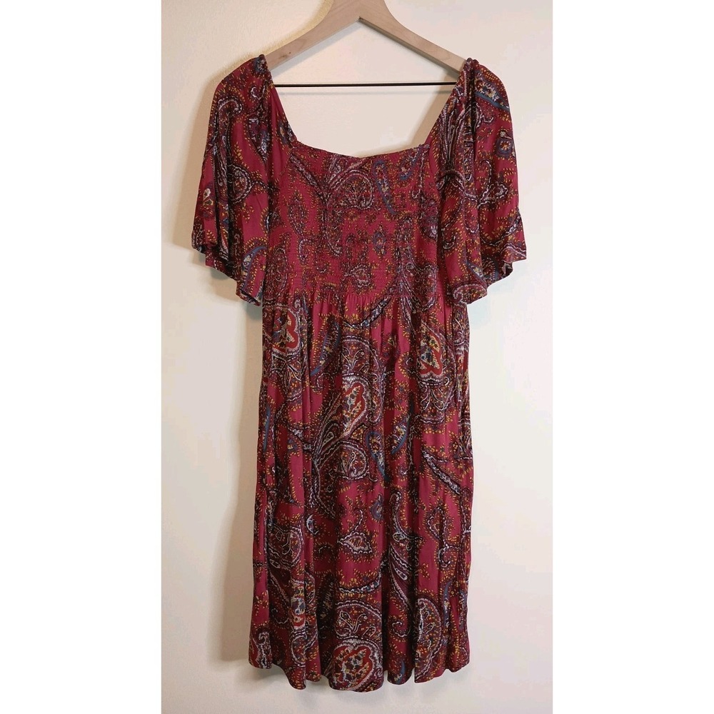 Fat Face Paisley Jersey Dress Cherry Red Size 4 NWT Smocked Pockets Boho Casual - Picture 8 of 13